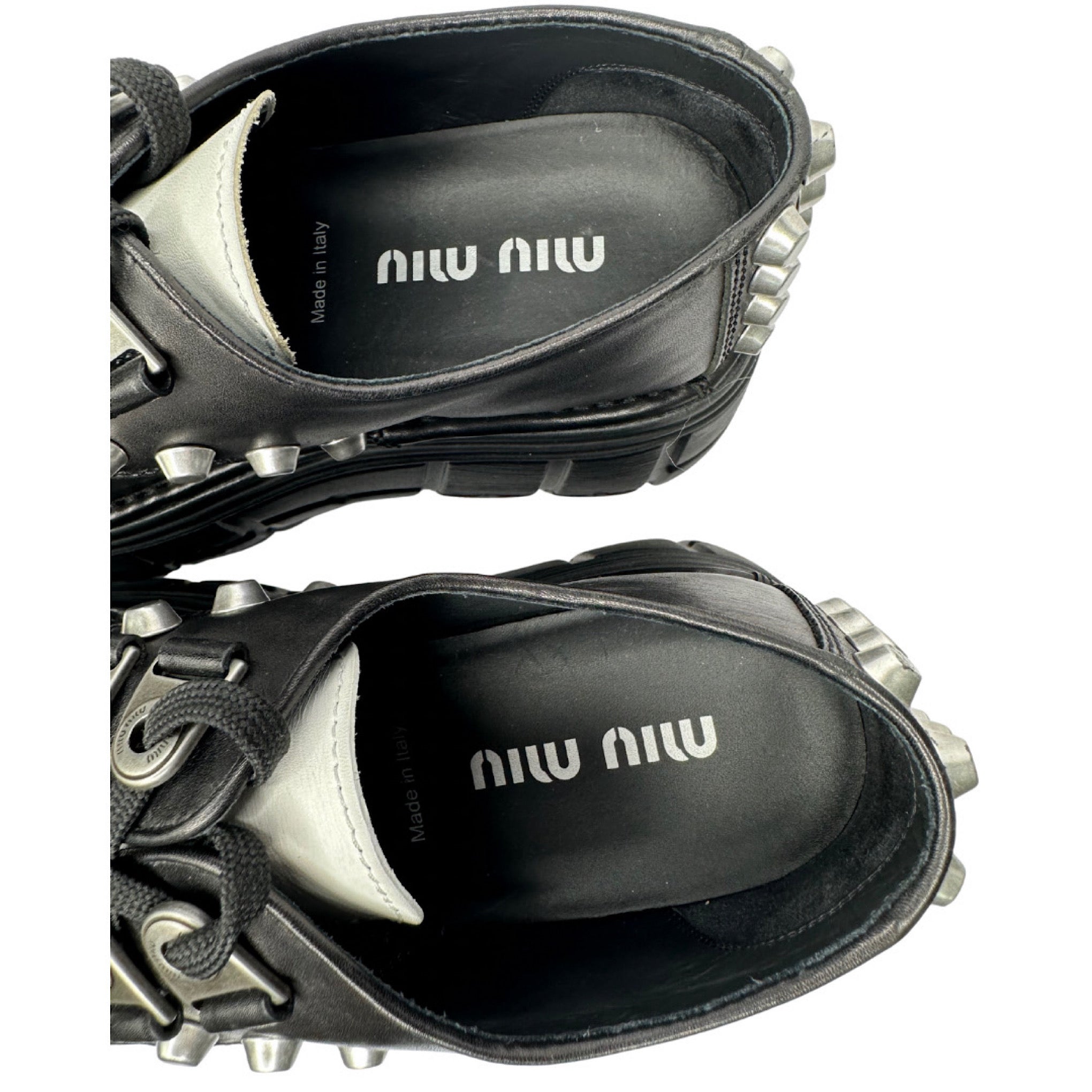 Miu Miu Bicolor Studded Lace-Up Derby Shoes