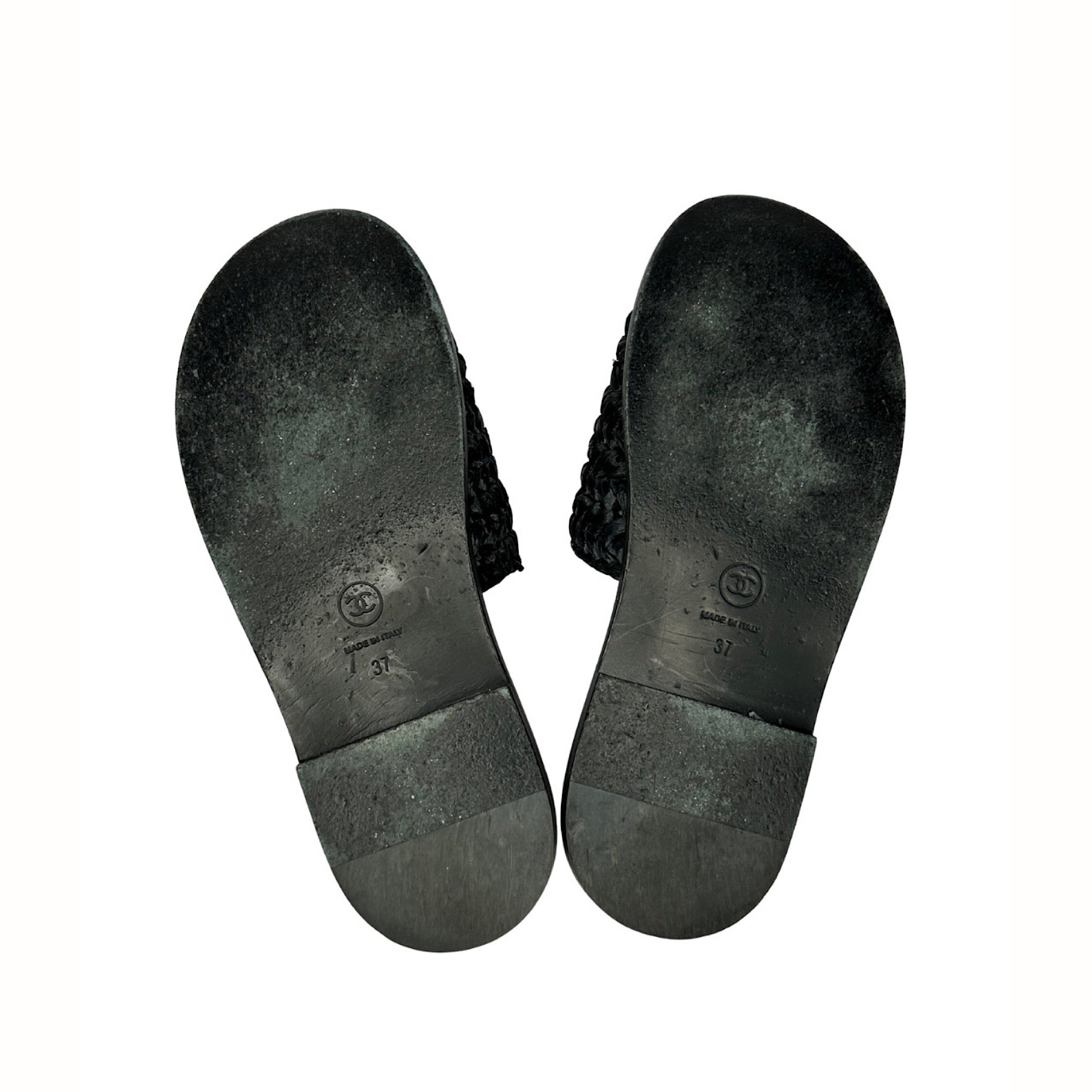 Chanel Raffia Crystal CC Flat Sandals