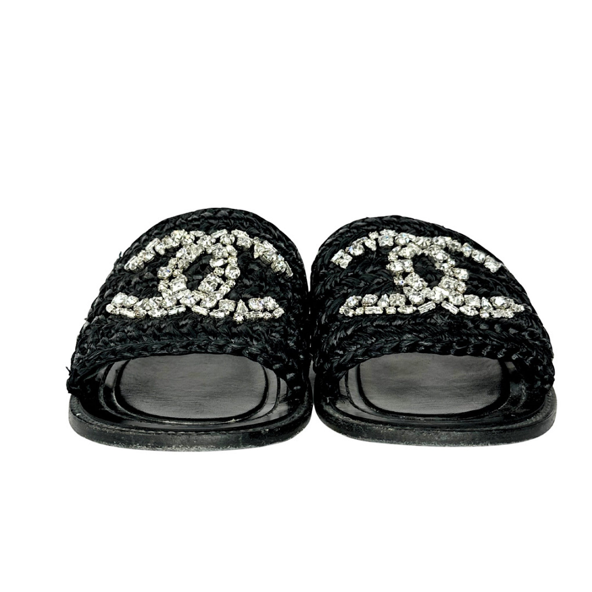 Chanel Raffia Crystal CC Flat Sandals