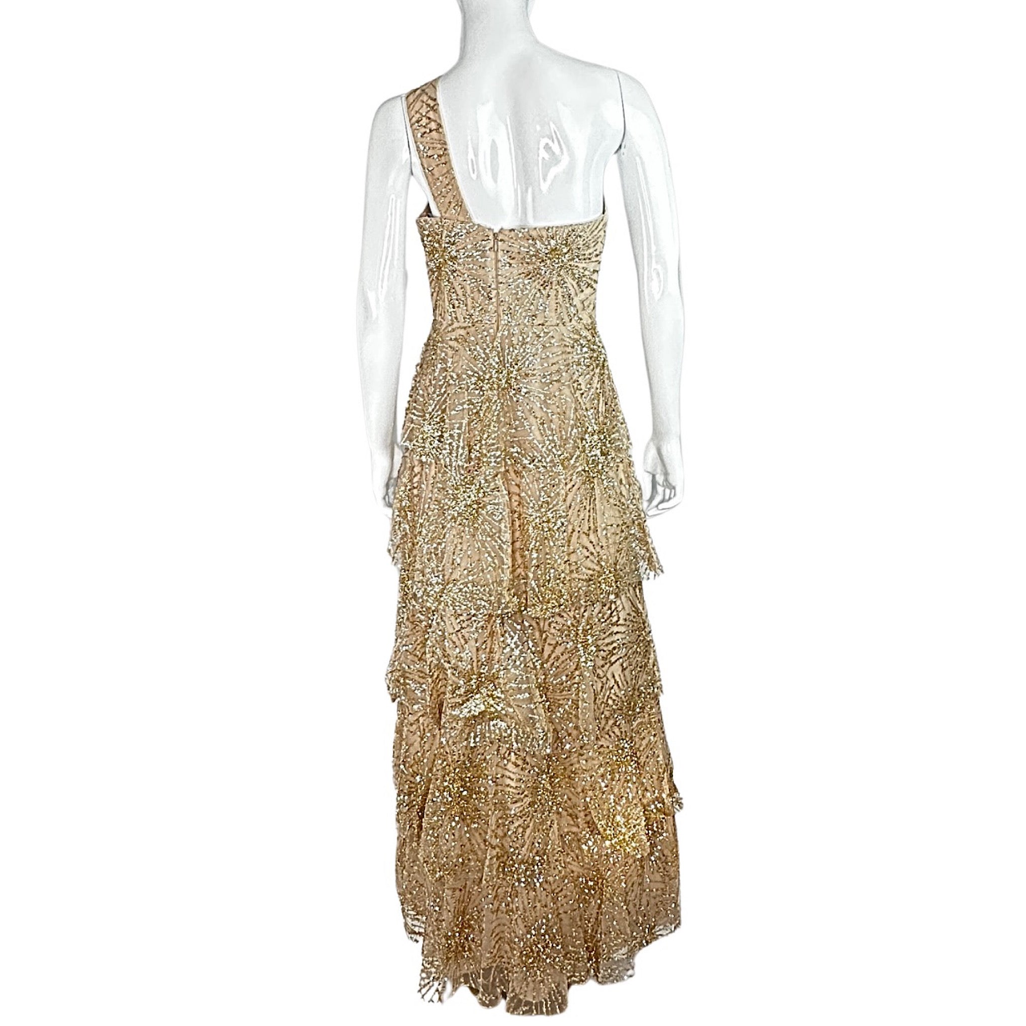 Marchesa Notte Tiered Beaded One Shoulder Gown