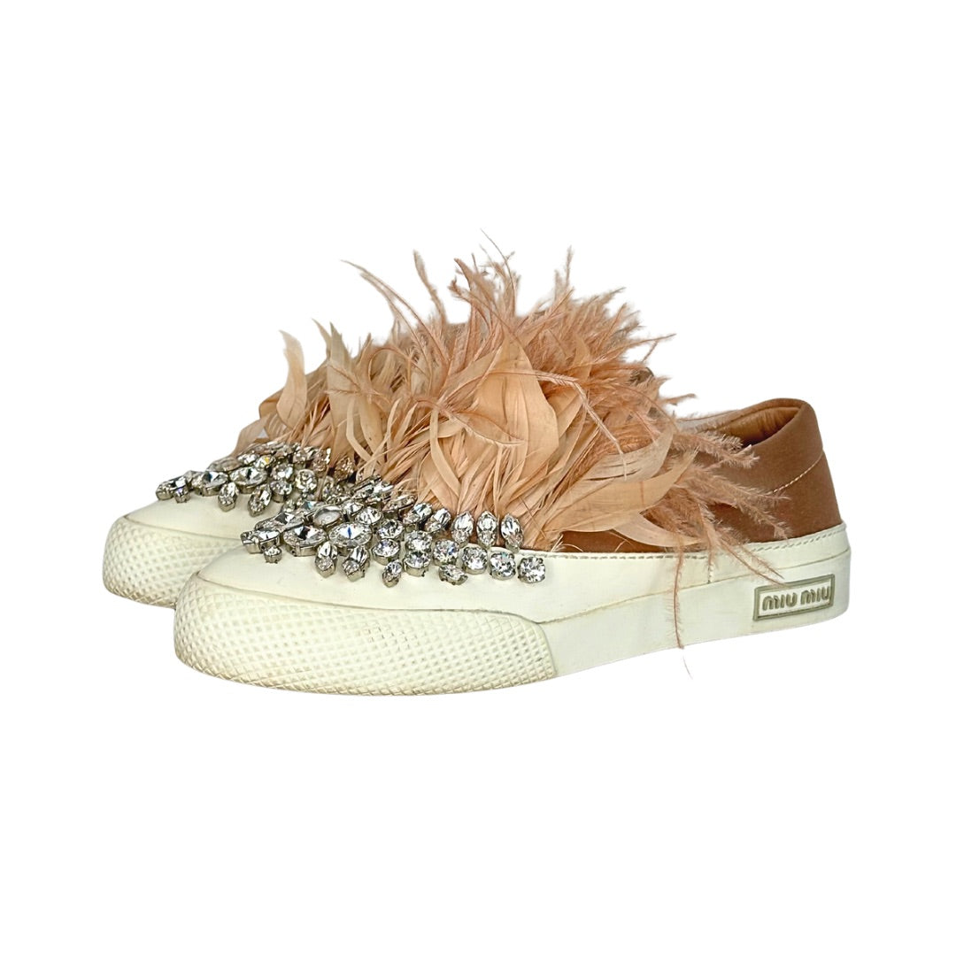 Miu Miu Jeweled Feather Skate Slip On Sneakers