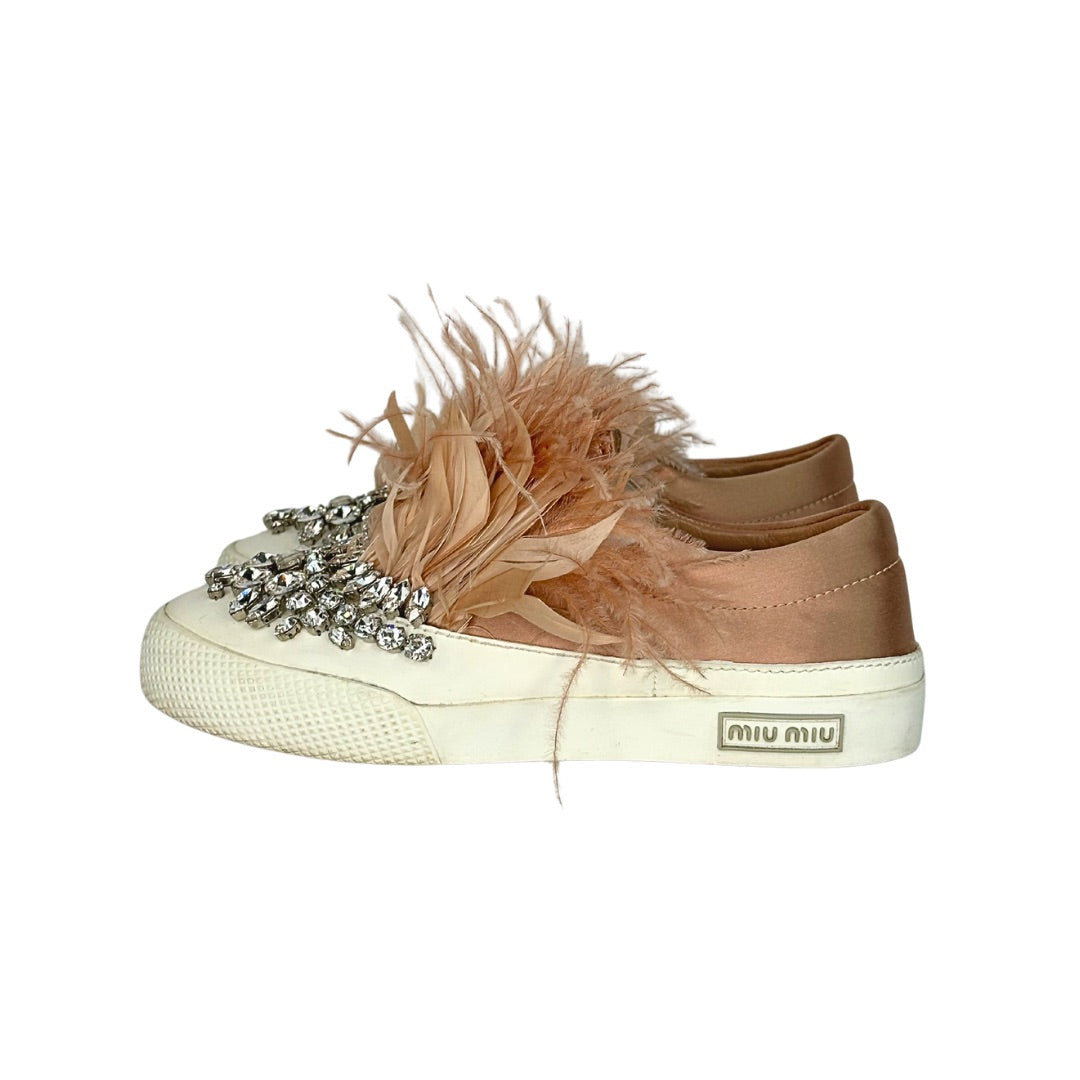 Miu Miu Jeweled Feather Skate Slip On Sneakers