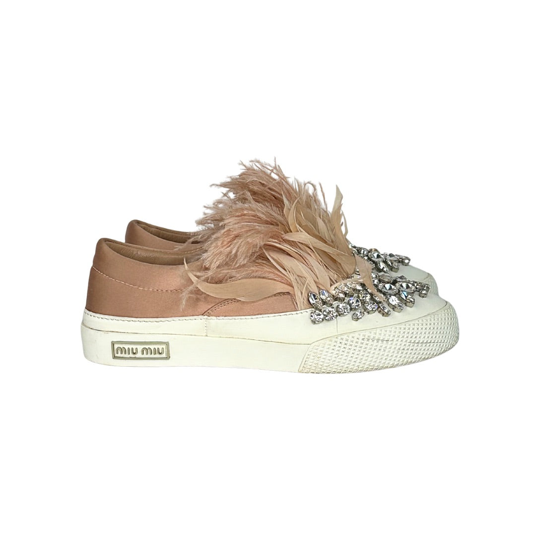 Miu Miu Jeweled Feather Skate Slip On Sneakers