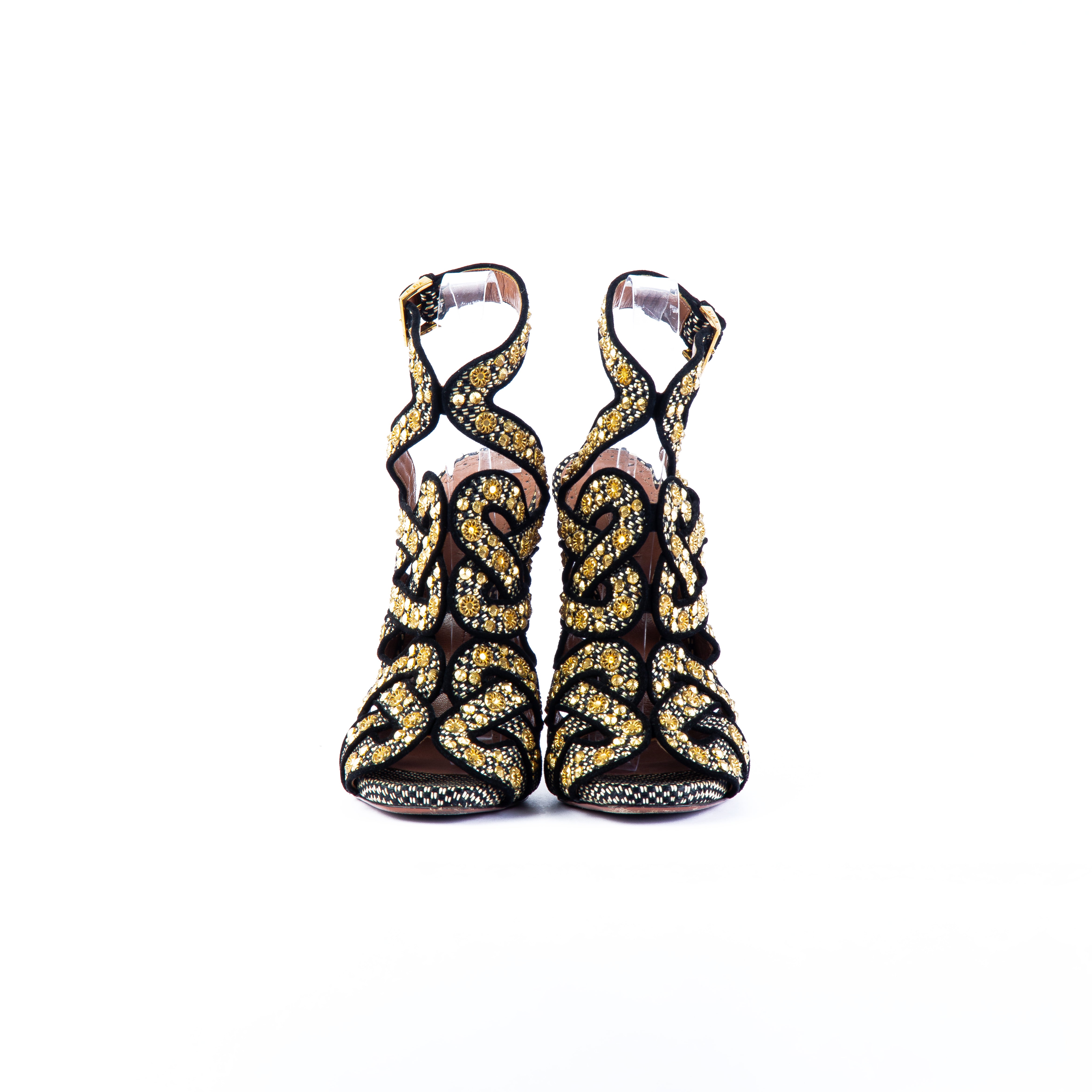 Alaïa Plexiglass Heeled Embellished Raffia Sandals