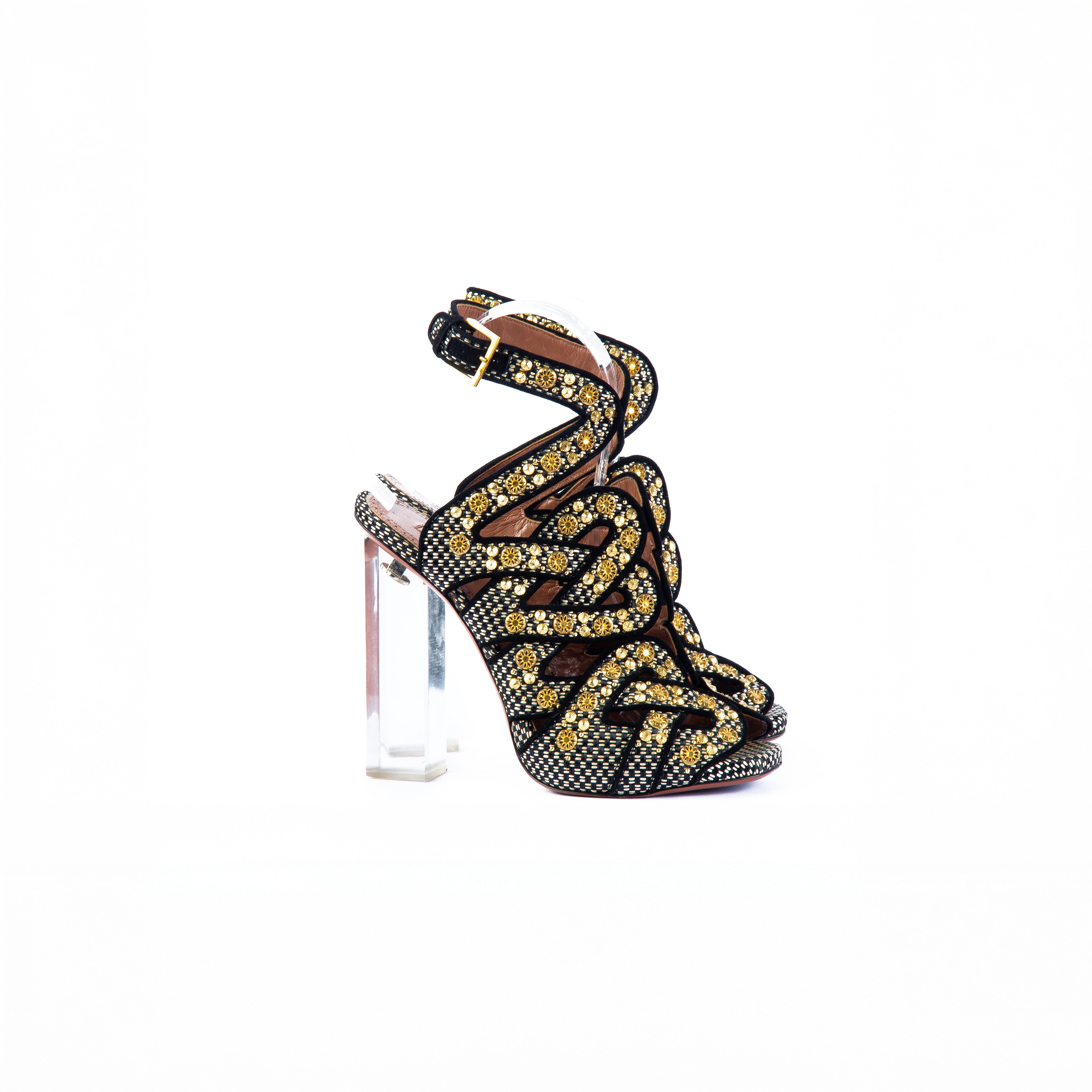 Alaïa Plexiglass Heeled Embellished Raffia Sandals