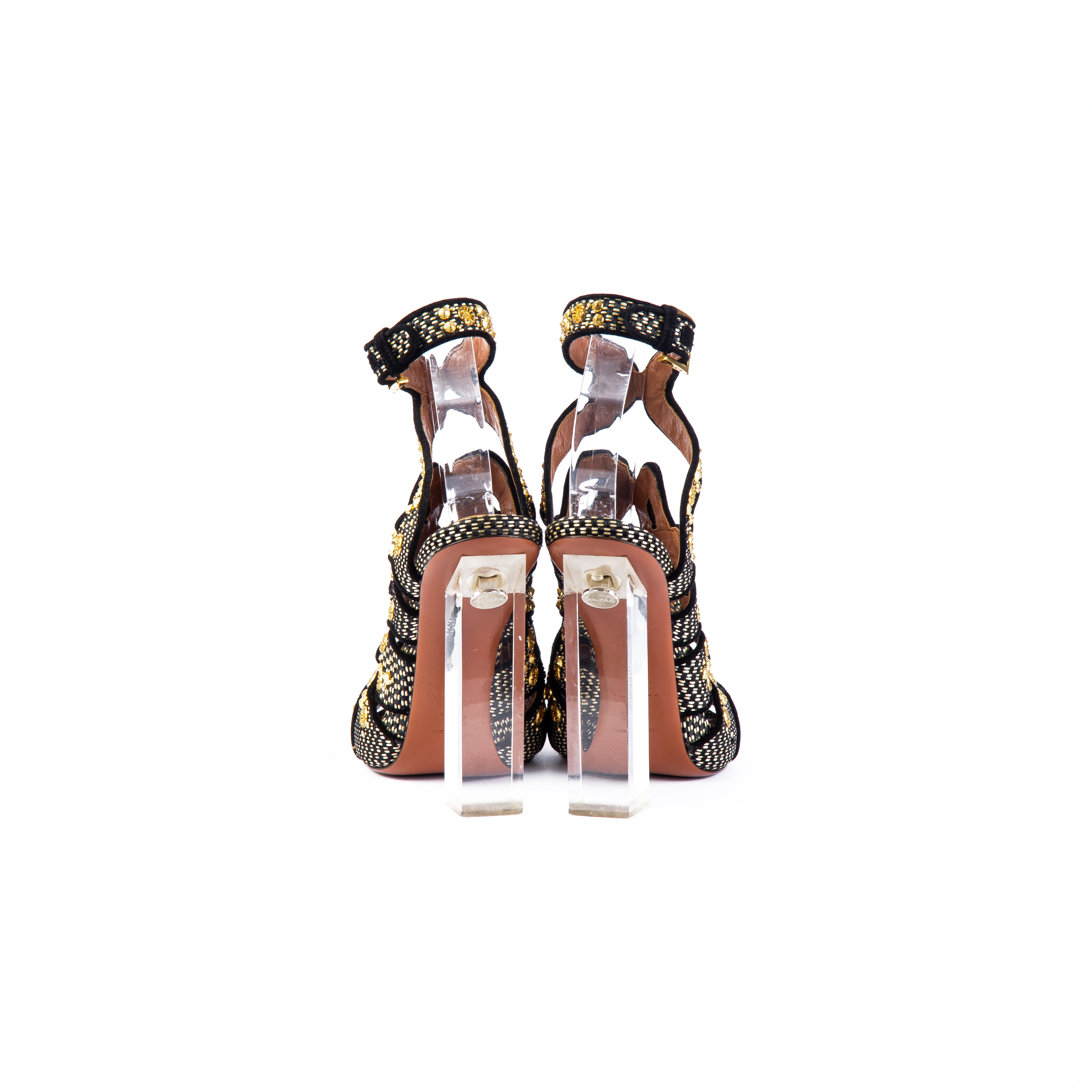 Alaïa Plexiglass Heeled Embellished Raffia Sandals