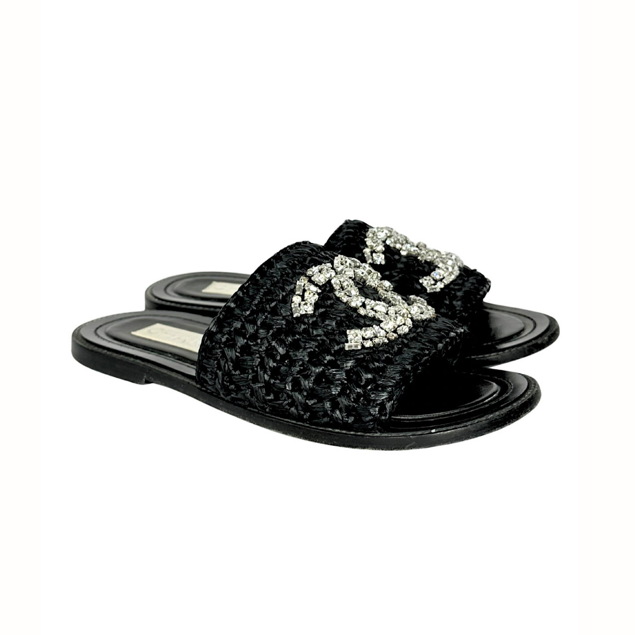 Chanel Raffia Crystal CC Flat Sandals