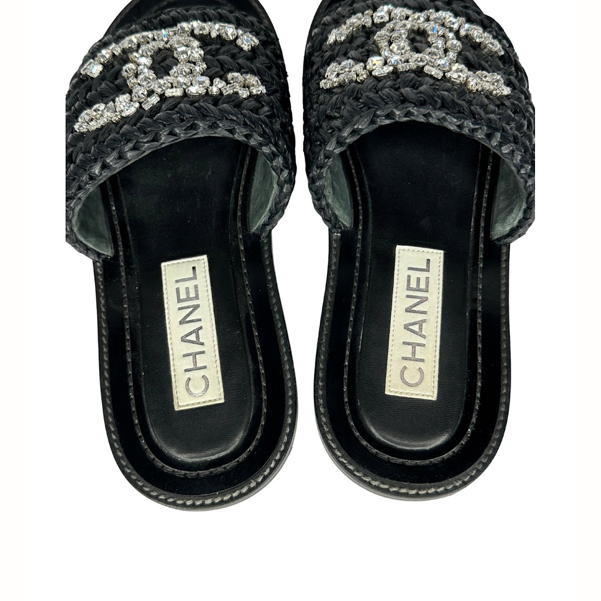 Chanel Raffia Crystal CC Flat Sandals
