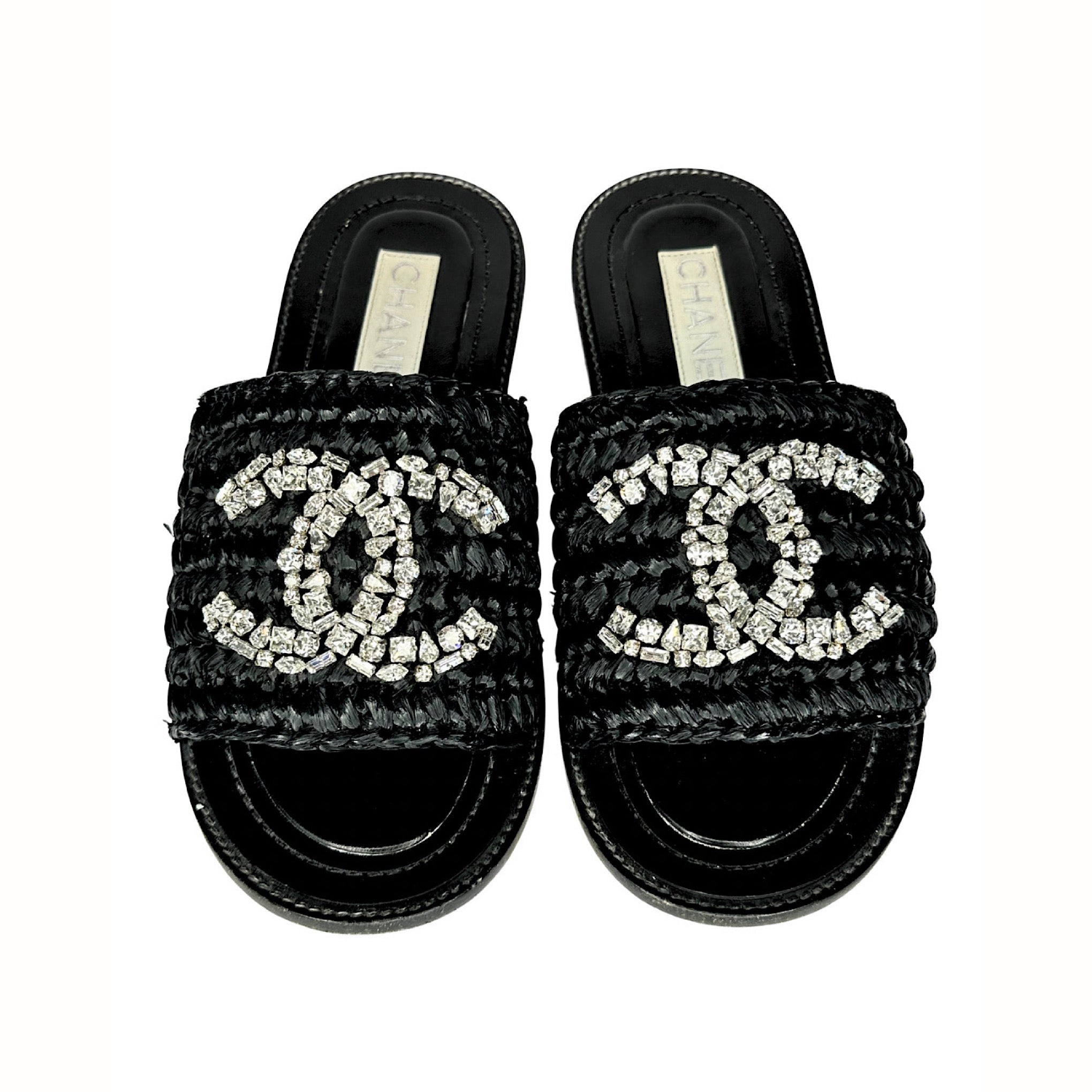 Chanel Raffia Crystal CC Flat Sandals