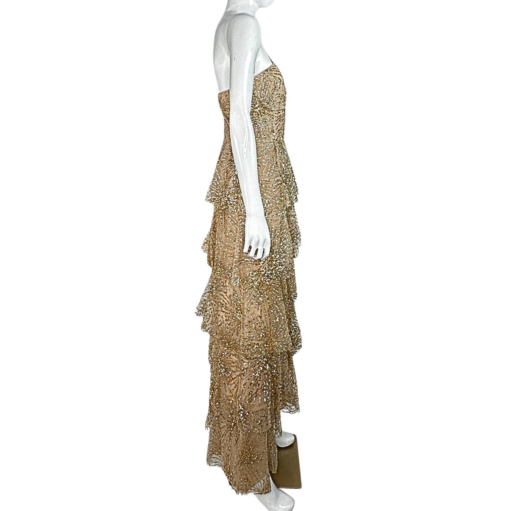 Marchesa Notte Tiered Beaded One Shoulder Gown