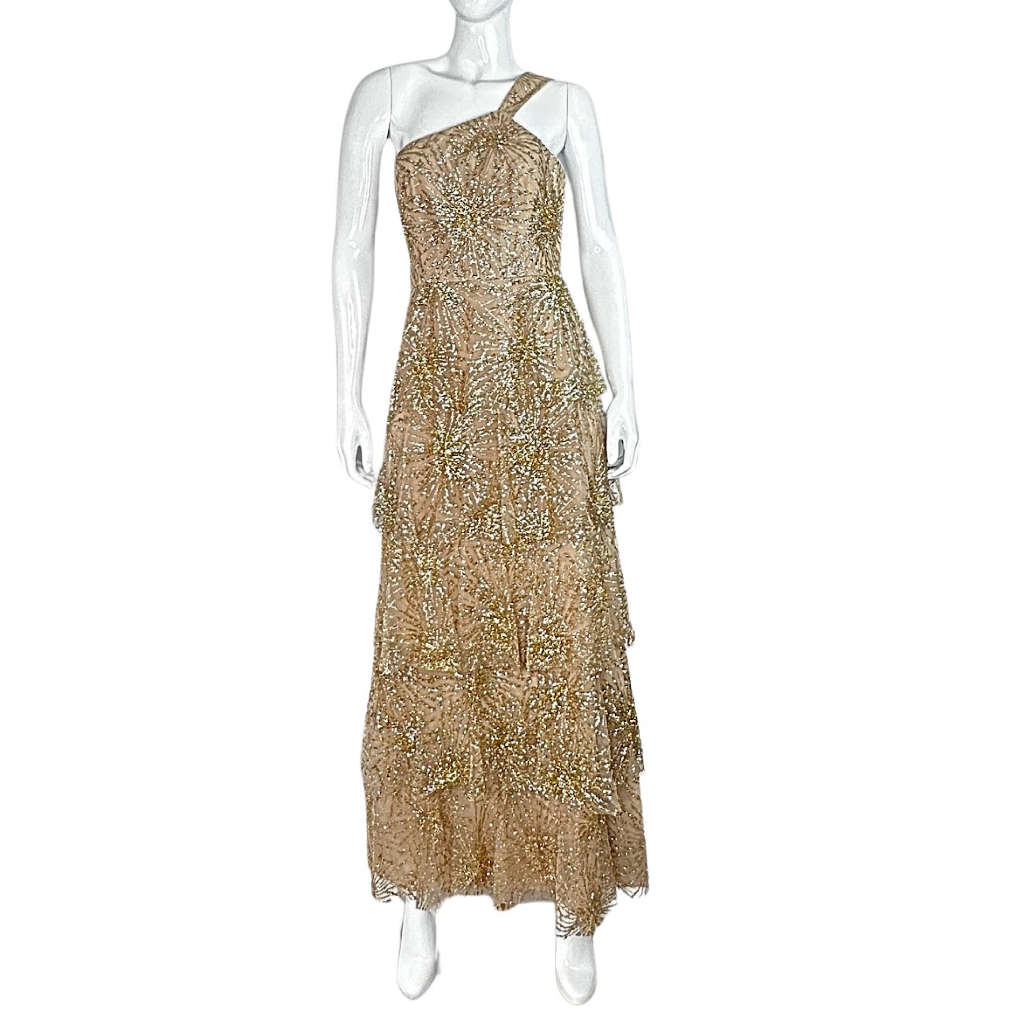 Marchesa Notte Tiered Beaded One Shoulder Gown