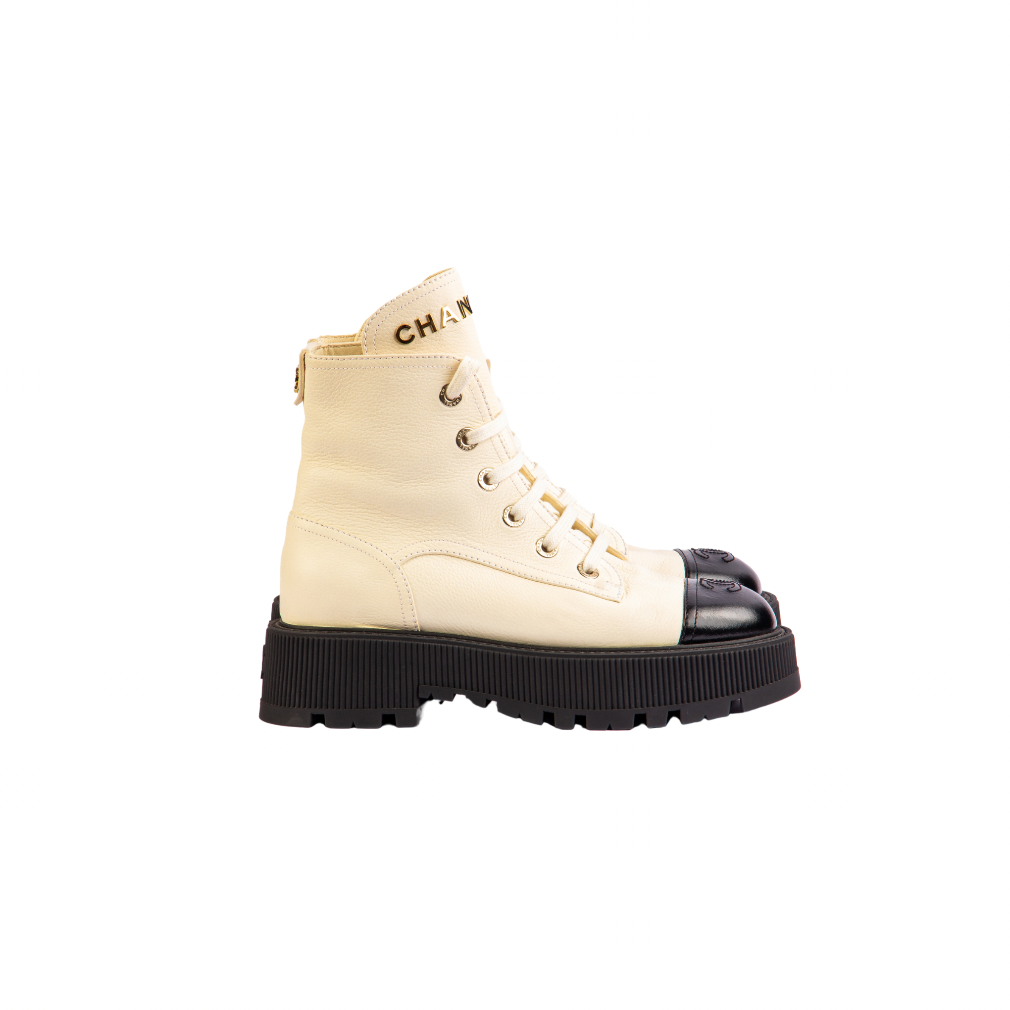 Chanel CC Logo Golden Accents Calfskin Combat Boots