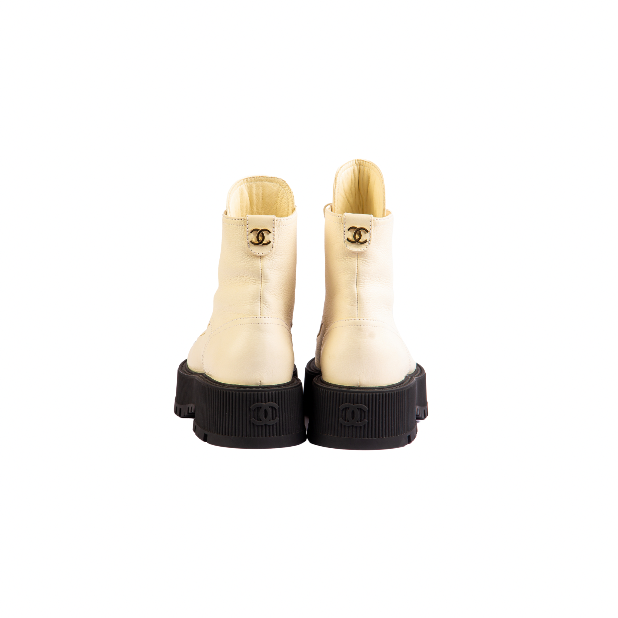 Chanel CC Logo Golden Accents Calfskin Combat Boots