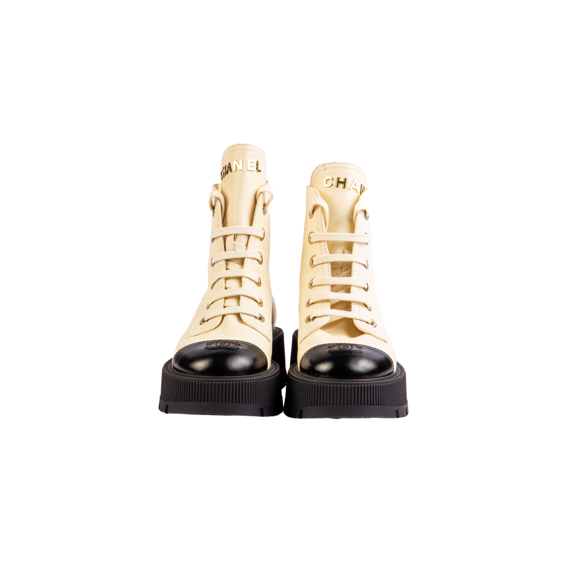 Chanel CC Logo Golden Accents Calfskin Combat Boots