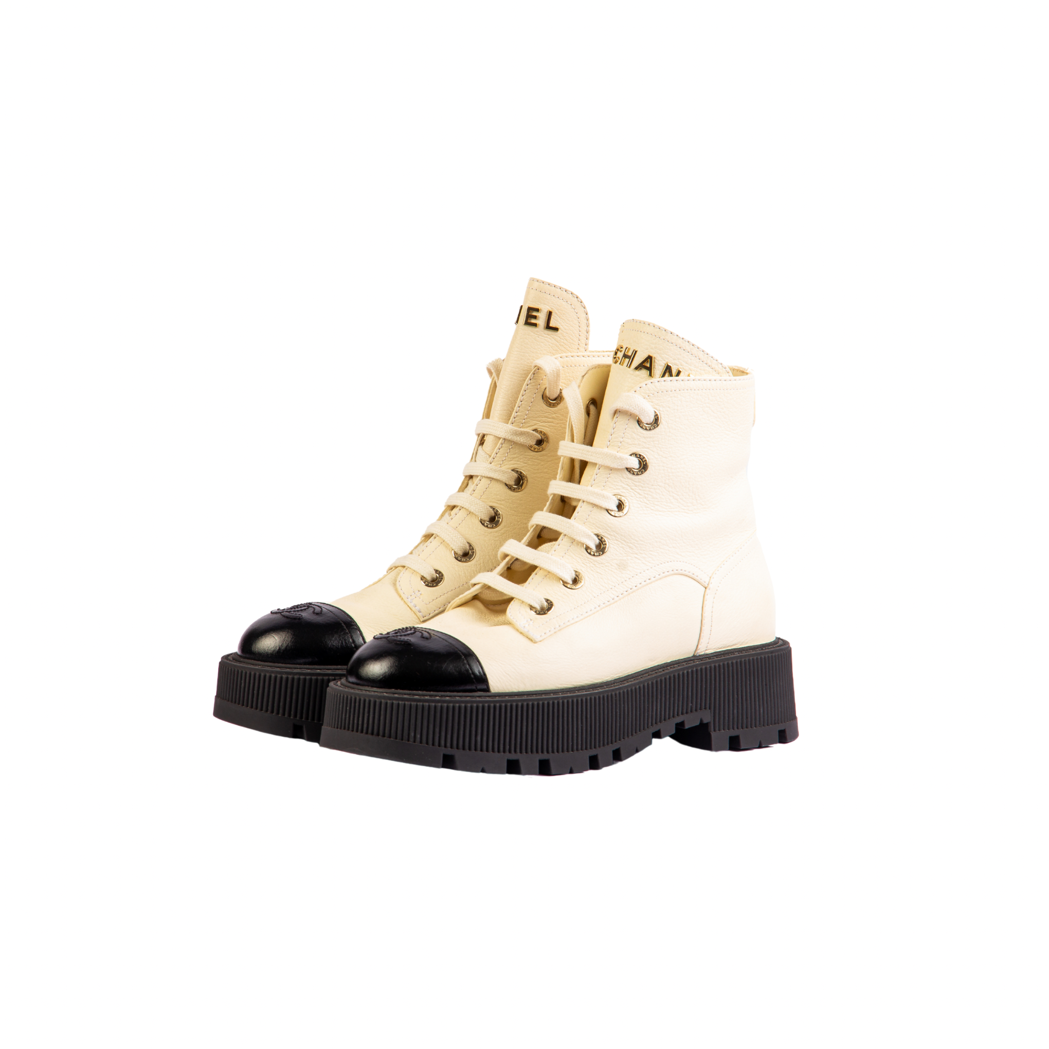 Chanel CC Logo Golden Accents Calfskin Combat Boots