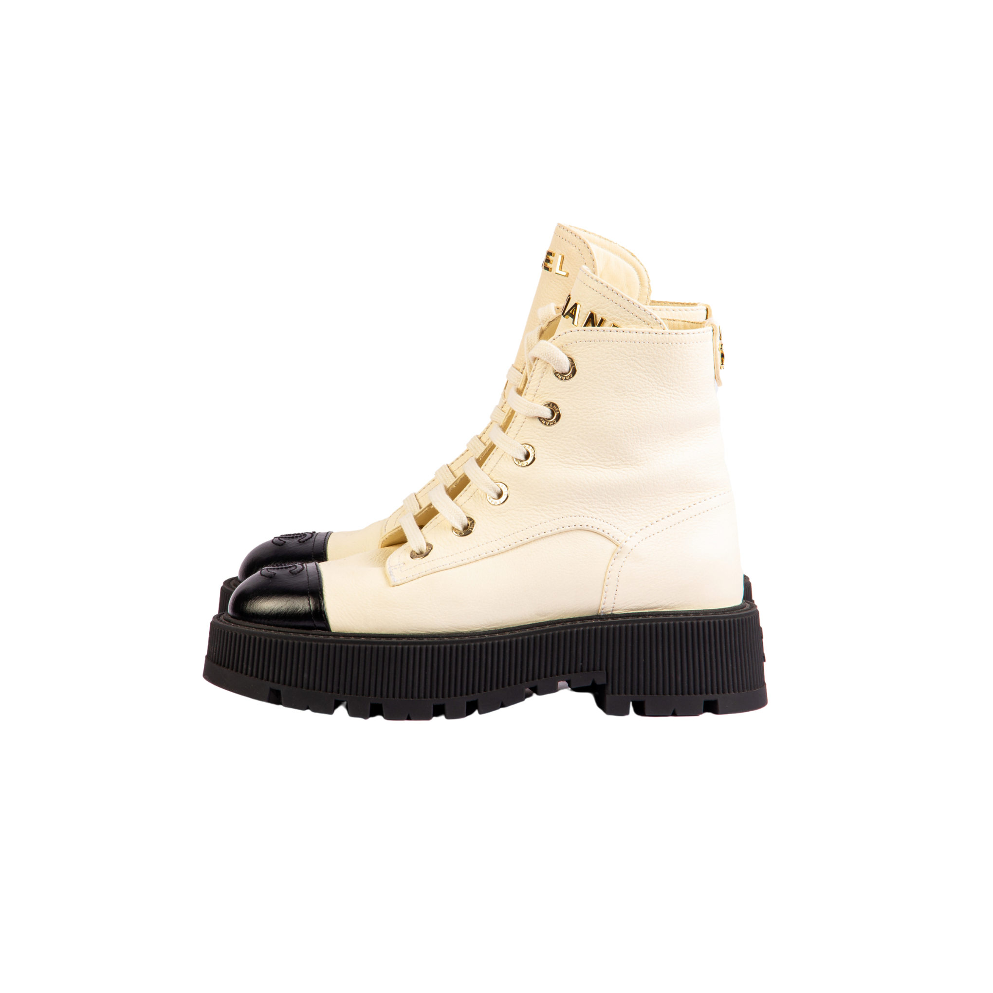 Chanel CC Logo Golden Accents Calfskin Combat Boots